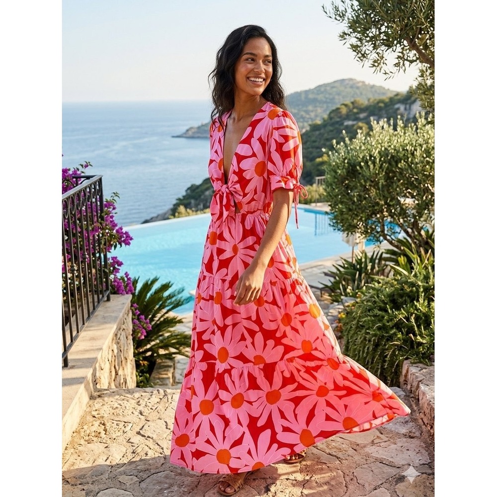 BTFBM Floral Maxi Dress Pink Red Daisy Tie Front Tiered Boho Summer Large NEW